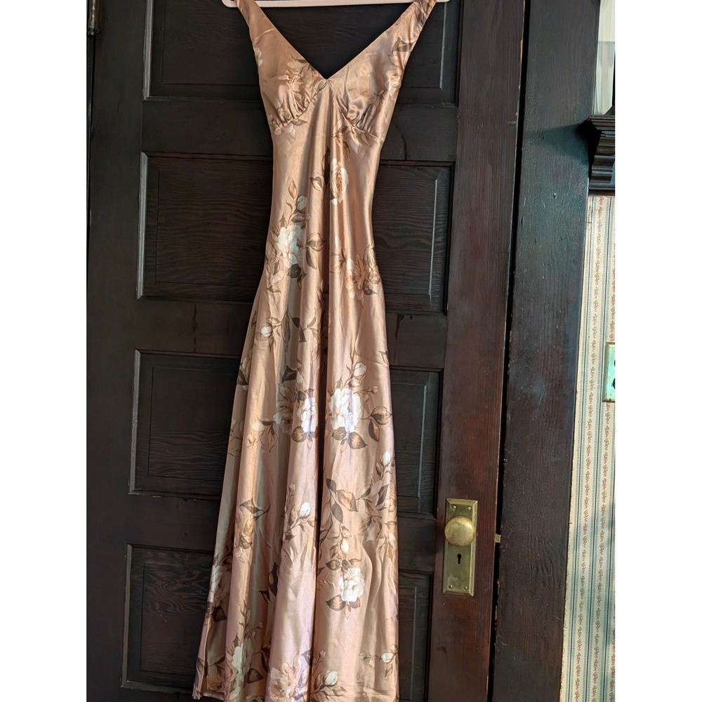 Rowa Bronze Floral Satin Maxi Dress V-Neck Crisscross Back Size S